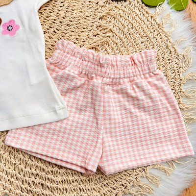 Conj. Blusa Ursinha, Borboleta com Flor e Short Quadriculado - Off White e Rose